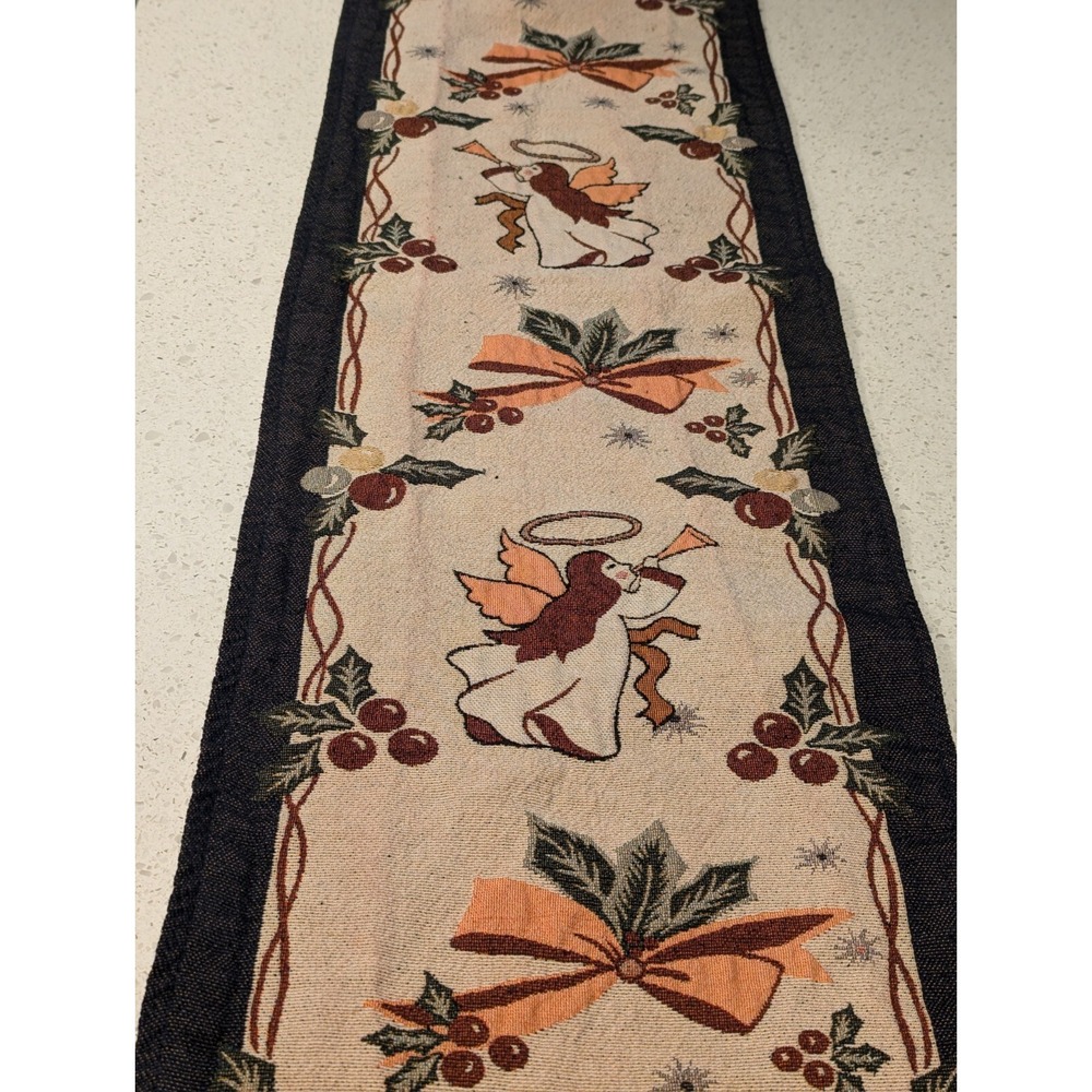 Christmas Tapestry‎ Table Runner 54 x 12 Angels Holly Bow Beige Blue Gold Tassel